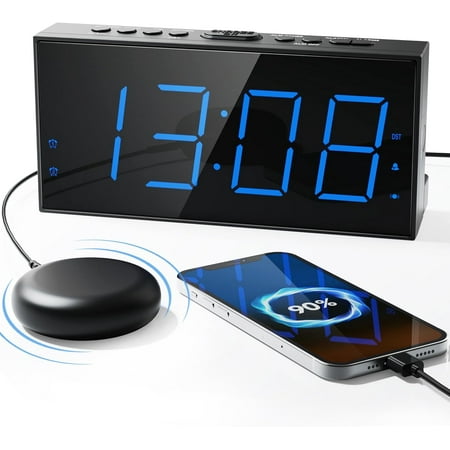 Loud Alarm Clock with Bed Shaker, Vibrating for Heavy Sleepers/Hard of Hearing/Deaf,Dual Alarms, 7.5’’ Large LED Display, Dimmer, USB Charging Port, Plug-in Memory Function