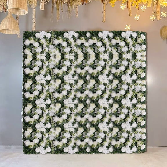Flower Wall Panel Floral Backdrop - 6 Pcs Green and White Flower Wall Decor, 24" X 16" Silk Rose Wall, Artificial Flower Wall Backdrop Faux Flower Panel for Wedding, Party, Nursery