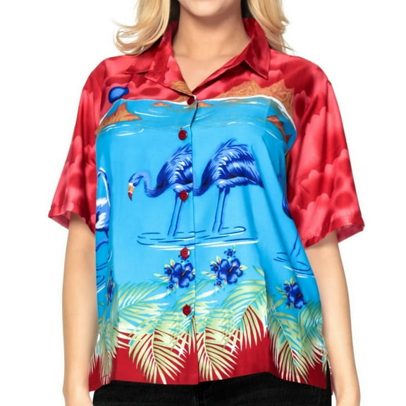 HAPPY BAY Women's Button Down Blouses Casual Summer Beach Party Blouse Shirt Blouses Short Sleeve Tropical Vacation Dress Hawaiian Shirts for Women L plus-size Blue Flamingo, Red