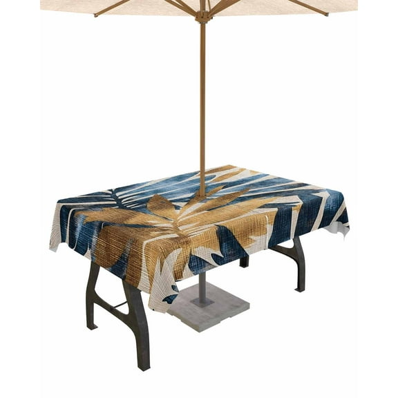 Outdoor Tablecloth with Umbrella Hole for Patio/Picnic/Party/Camping, Navy Blue Brown Waterproof Table Cloth Rectangle Table Cover Washable, Tropical Palm Leaves Retro 52"x 70"