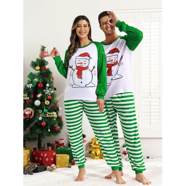 Pijamas a juego para parejas, pijamas estampados de manga larga, conjuntos para mujer y hombre, ropa de Navidad, traje para casa con tiras verdes y rojas
