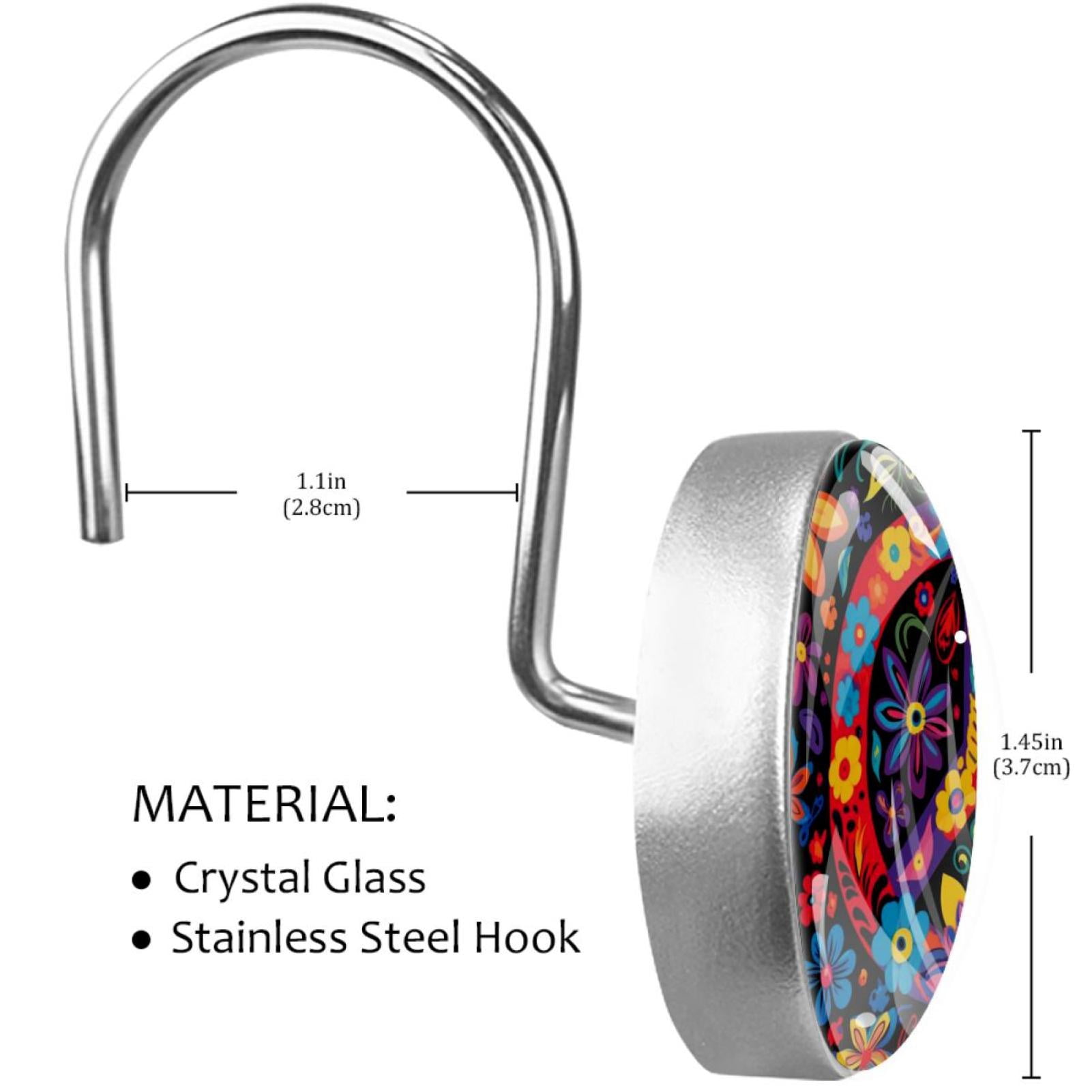 Peace Sign Shower Curtain Hooks （Set of 12） for Home Hotel Shower Rods Bathroom Crystal Glass Print Stainless Steel Round Curtain Hooks