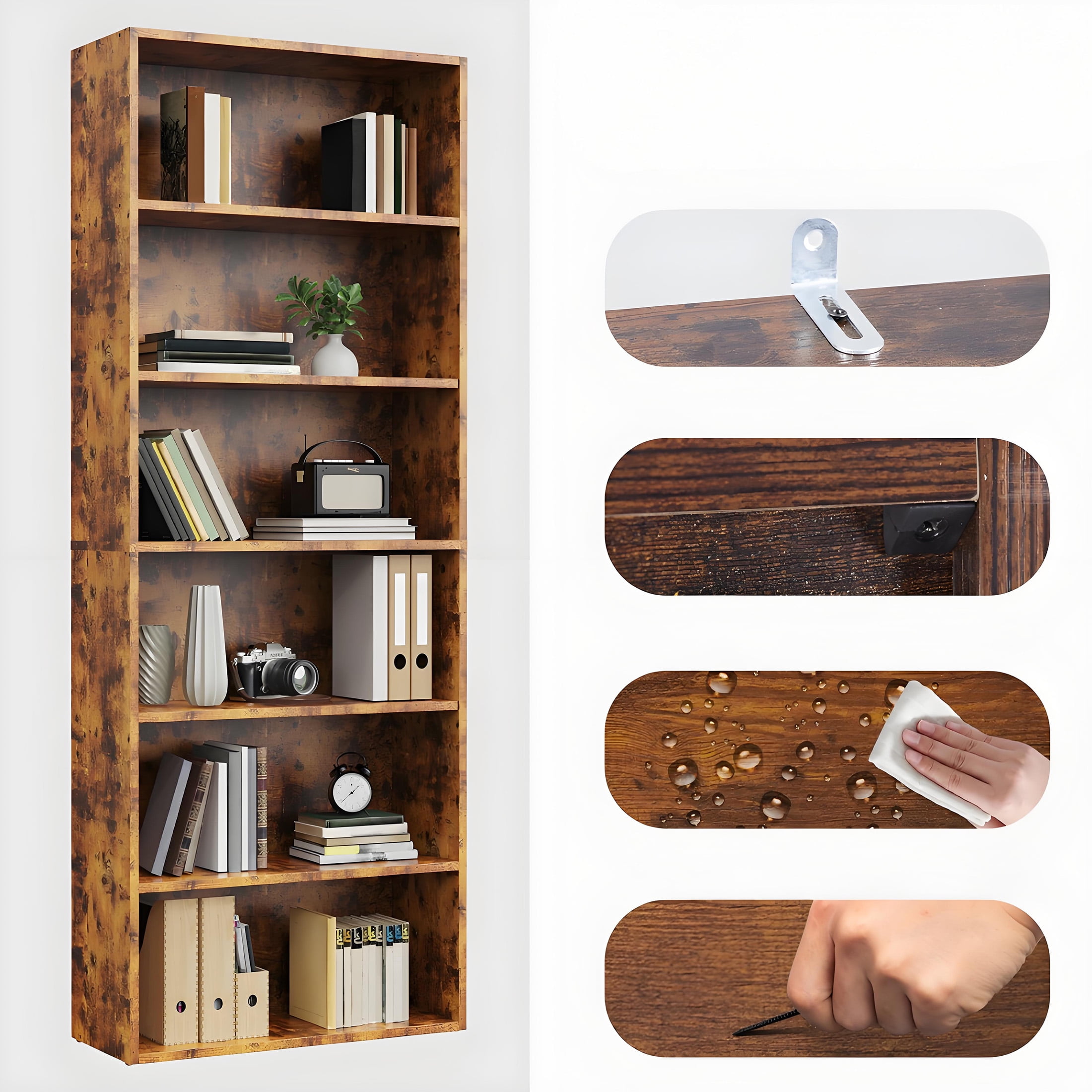CONCETTA 6 Shelf Bookcase, 63 Inch Tall Floor Standing Open Bookshelf for Home Office and Living Room, Classic Rust