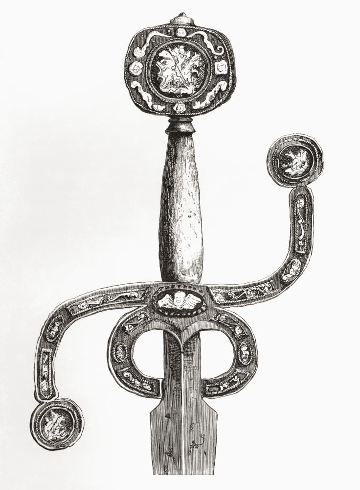 English Sword C 1580 With Very Rare Flat Pommel And Swept S-Hilt Inlaid With Silver On The Pommel And Extremities Of The Hilt Are Inlaid Medallions Of Silver Representing St George And The Dragon From