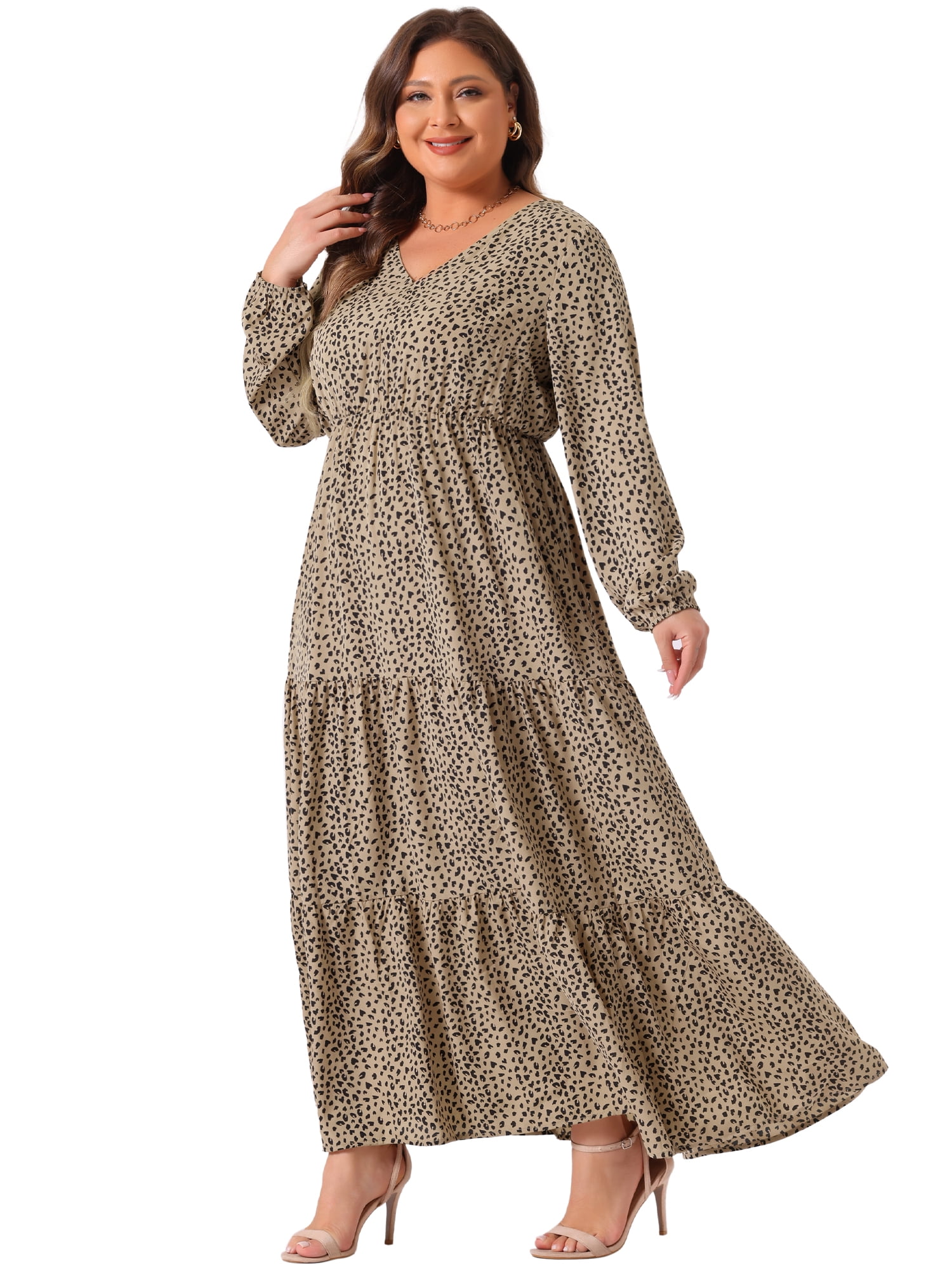 DARING DIVA Plus Size Polka Dots Long Maxi Lantern Sleeve Dress 4X Khaki
