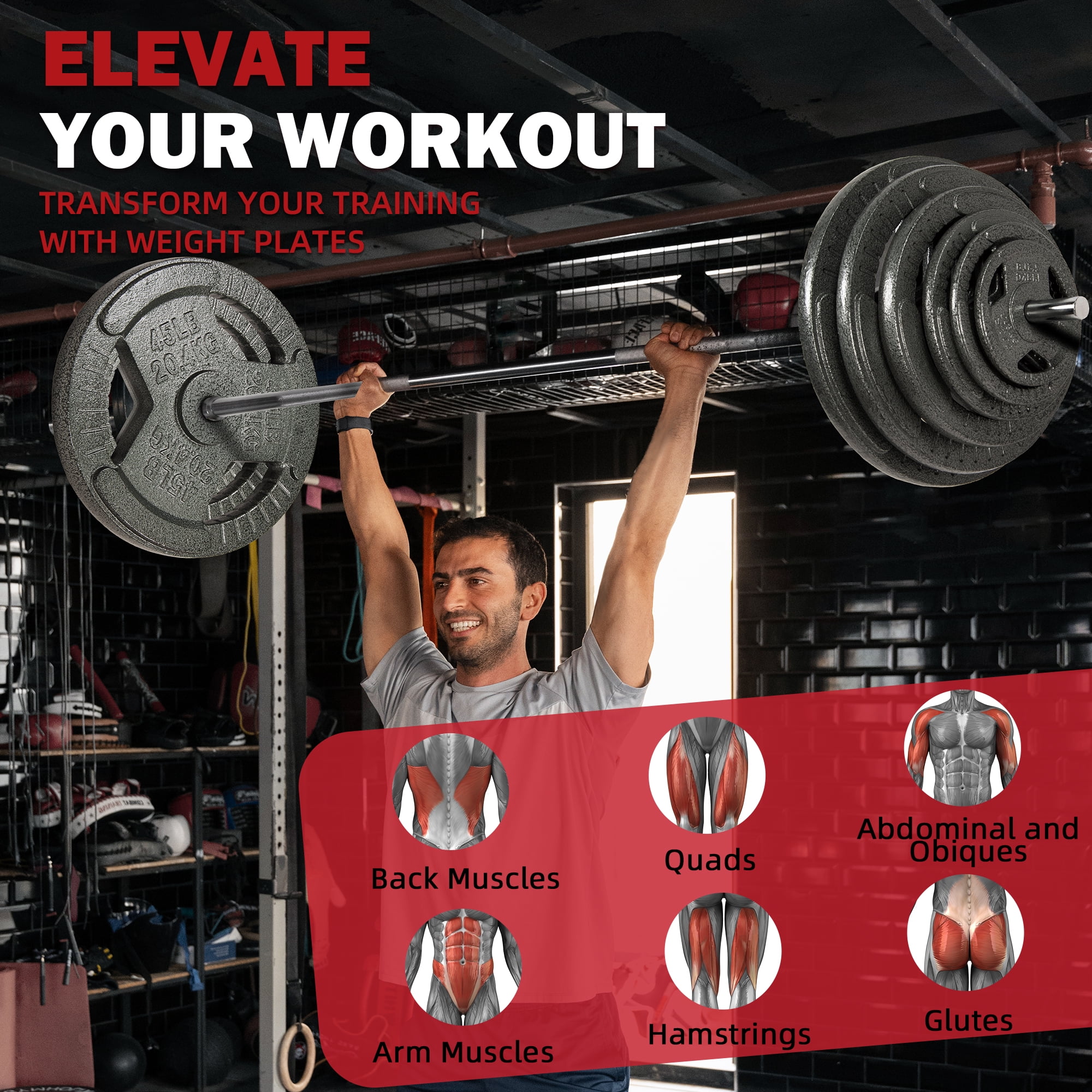 FlexWave Cast Iron Barbell Set, 50-170 LBS Weight Plates with 6FT or 7FT Barbell, 1-Inch & 2-Inch Options, Multiple Package