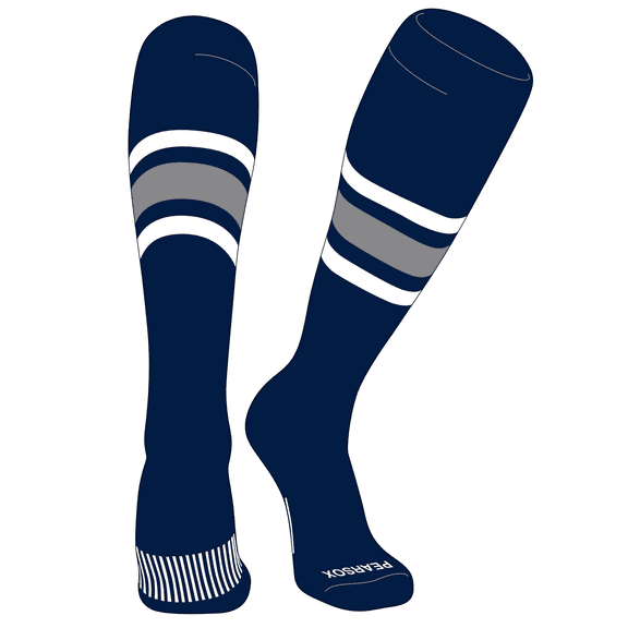 PEAR SOX Striped OTC Baseball, Softball, Football Socks (B) Navy, White, Silver (S)