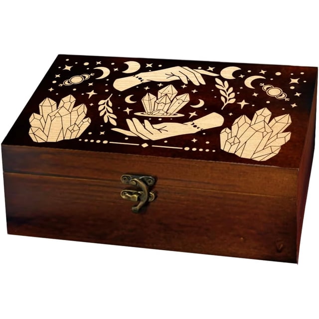 Caja de madera para guardar recuerdos, diseño de manos misteriosas, fase lunar grabada, cuadrada, de pino, para tarot.