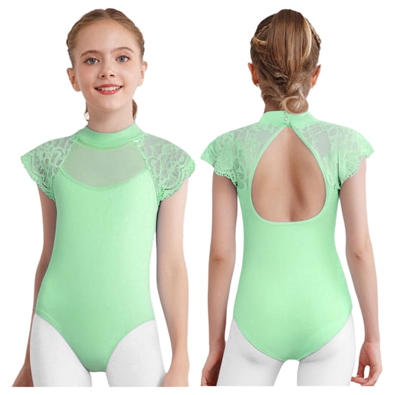iiniim Leotard for Girls Lace Sleeves Ballet Dance Bodysuit Classic Practice Clothes Training Activewear Light Green 170