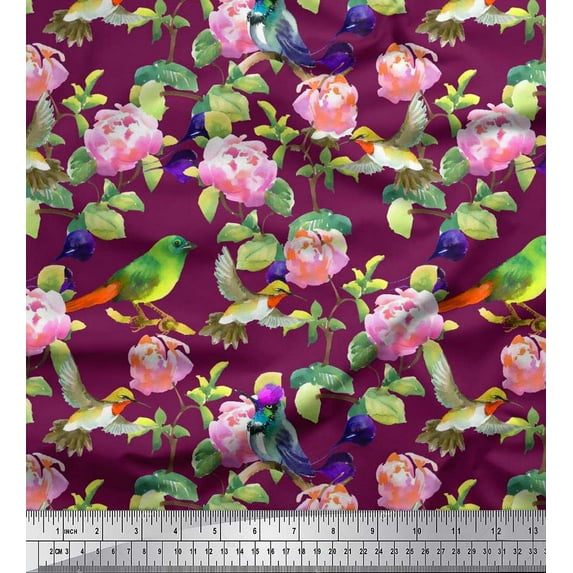 Soimoi Poly Georgette Fabric Leaves,Floral & Hummingbird Bird Print Fabric by the Yard 42 Inch Wide