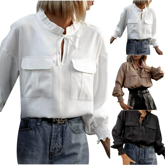 Womens Tops 2023 Dressy Casual Ruffled Lace Up V Neck Tunic Blouse Elegant Solid Loose Fit Puffy Sleeve Going Out Shirts