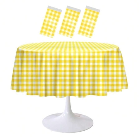 2 Pack Round Yellow And White Checkered Plastic Tablecloth 84 Inch Disposable Cover For Picnic Wedding Party