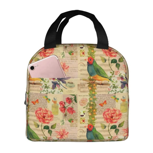 Balery Vintage Bird Bolsa de Almuerzo Aislada – Caja de Almuerzo con Papel de Aluminio Grueso, Mantiene la Comida Fresca por 4 Horas