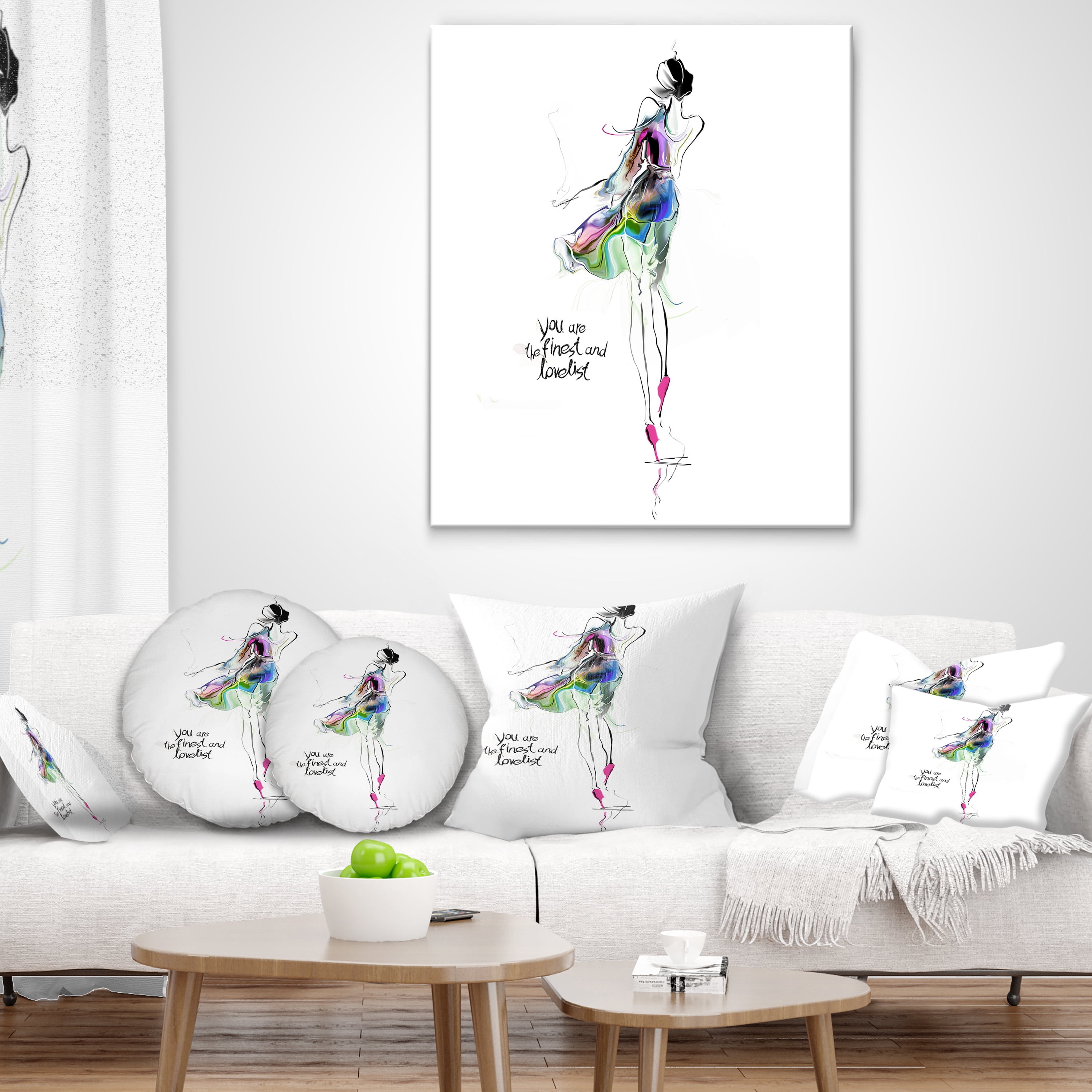 Designart Young Woman Green Purple - Abstract Portrait Throw Pillow - 16x16