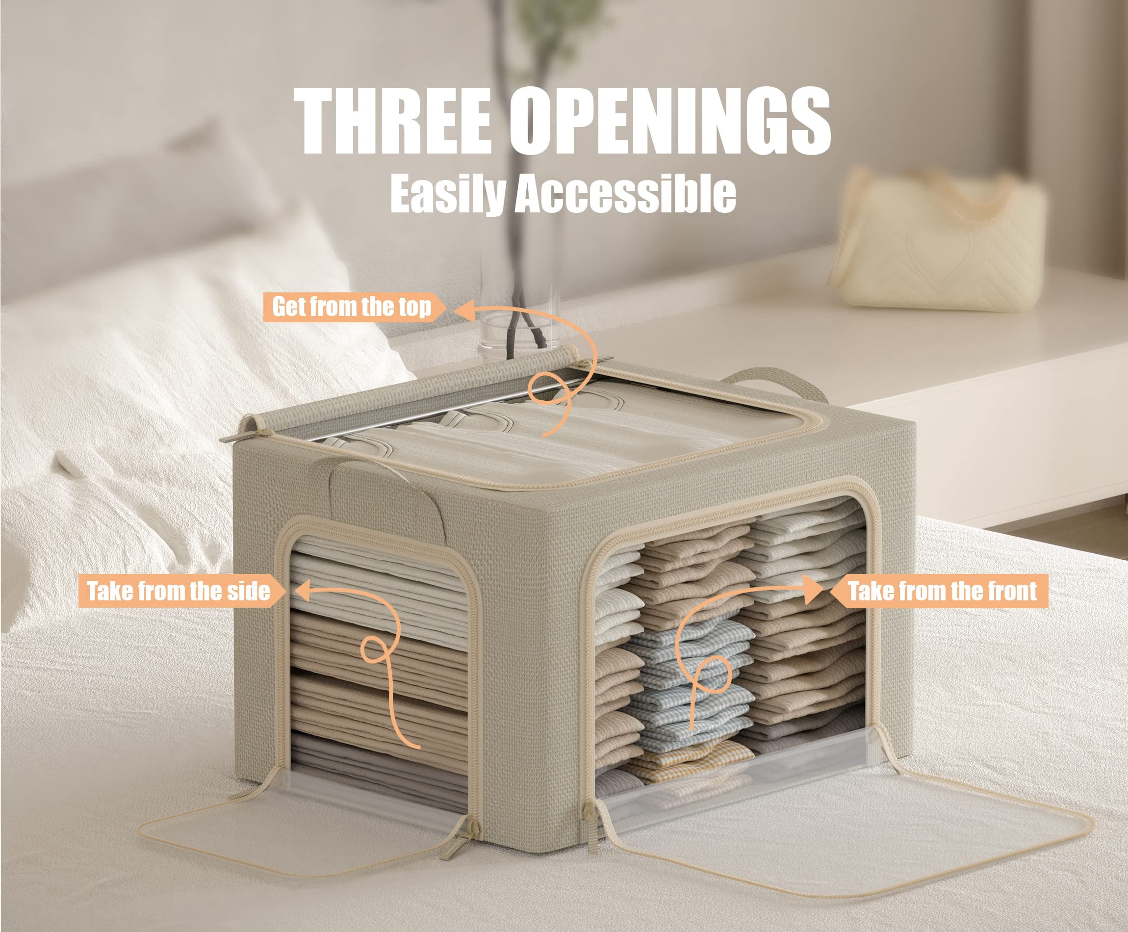 3 Pack Beige Linen Fabric 66L Stackable Storage Bins, Closet Organizer with Lid, Clear Window & Handles for Clothes, Bedding & Linen