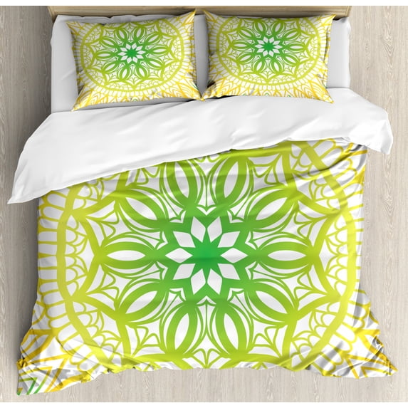 Green Mandala Duvet Cover Set Queen Size, Oriental Pattern with Blooming Flower Illustration Hand Drawn Sketch, Decorative 3 Piece Bedding Set with 2 Pillow Shams, Mustard and Green, by Ambesonne