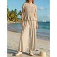 thumbnail image 5 of Womens 2 Piece Smocked Top Wide-Leg Pants Set High-Waisted Lounge Outfit with Pockets Matching Set Oat Color S, 5 of 10