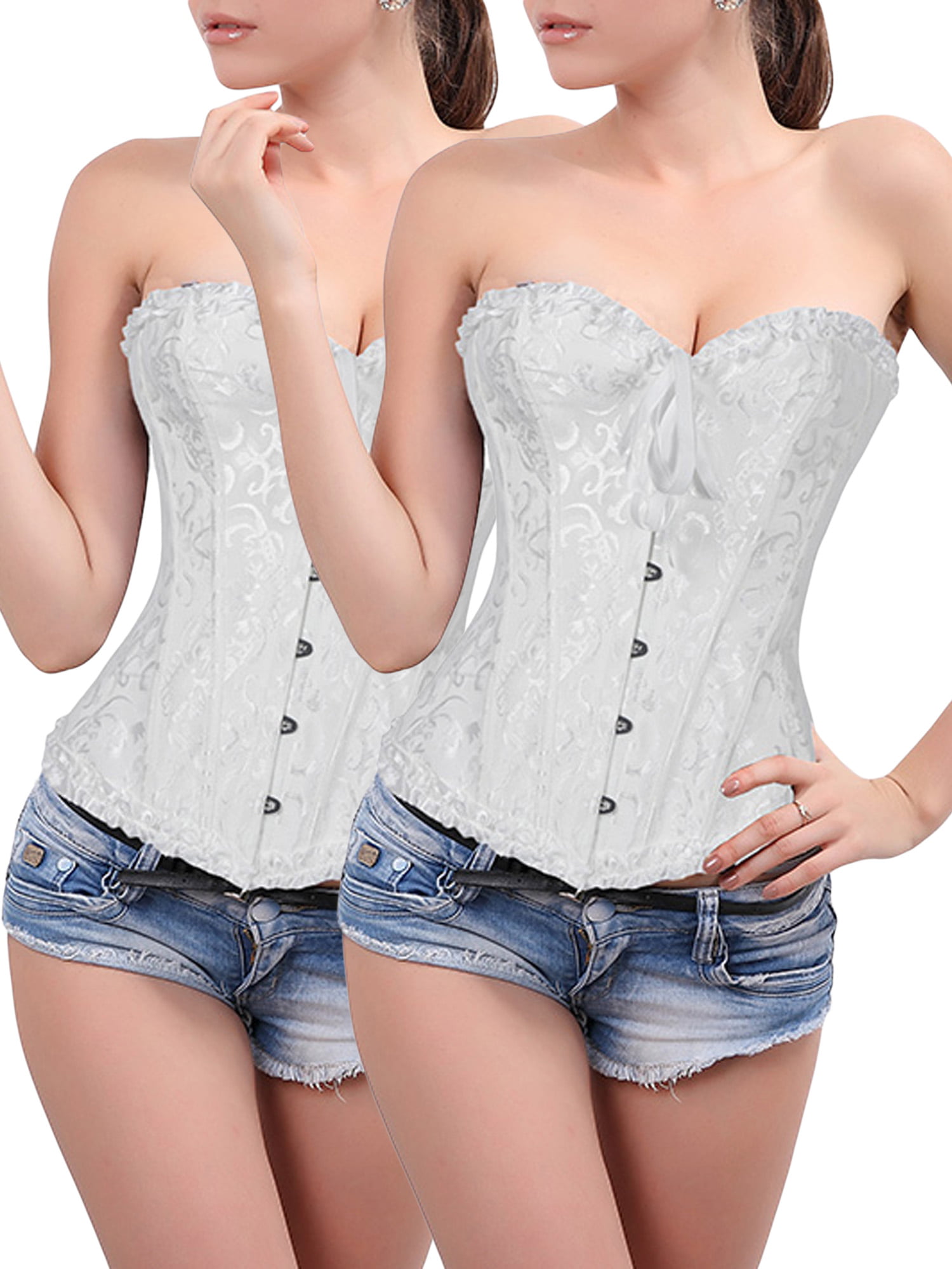 DODOING 2 Packs Women's Satin Lace Overbust Plus Size Tummy Control Slimmer Body Shaper Corsets Bustier Top Corselet + G-string - Walmart.com