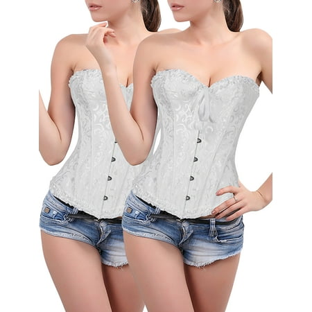 

DODOING 2 Packs Women s Satin Lace up Overbust Corset Tummy Control Slimmer Body Shaper for Women Hooks Steel Boned Top + G-string S-6XL
