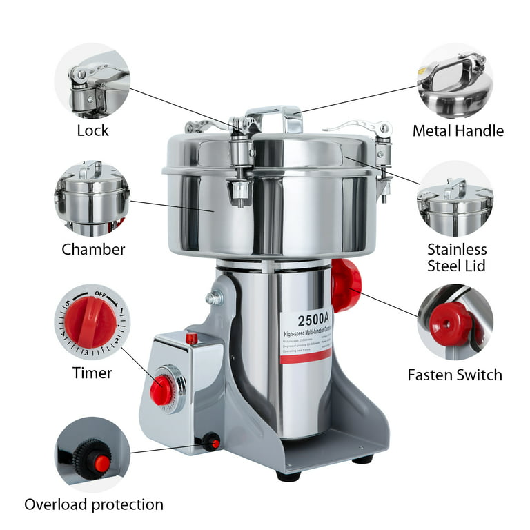 Rocita 750g Commercial Spice Grinder Electric Grain Mill Grinder 2600W High Speed Pulverizer Stainless Steel Swing Type Dry Mill Machine for Kitchen P