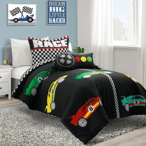 Racing Cars Reversible Oversized Comforter Black/Multi 4Pc Set Twin