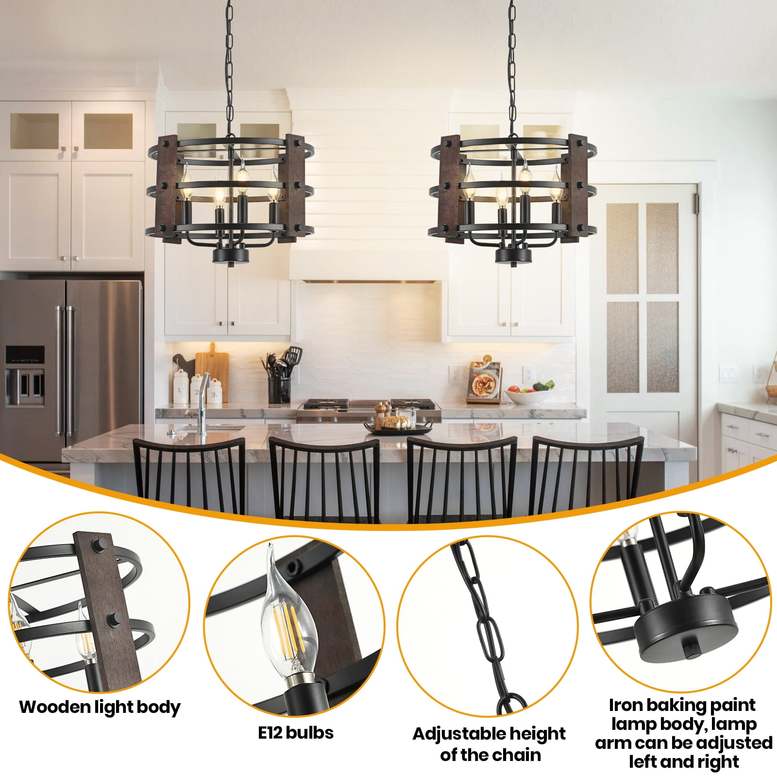 Drum Farmhouse Chandeliers, Black Pendant Light Semi Flush Mount Ceiling Lighting Fixture