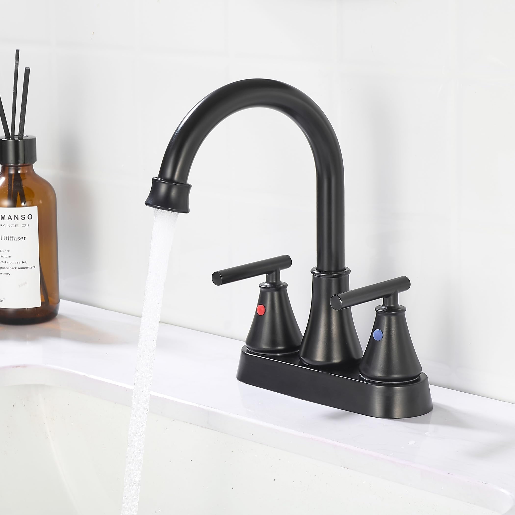 Kede Bathroom Sink Faucet 4 Inch 2 Handle Centerset Lead-Free Matte Black Modern Bathroom Faucet Vanity Faucet with Pop-up Drain Stopper and Supply Hoses