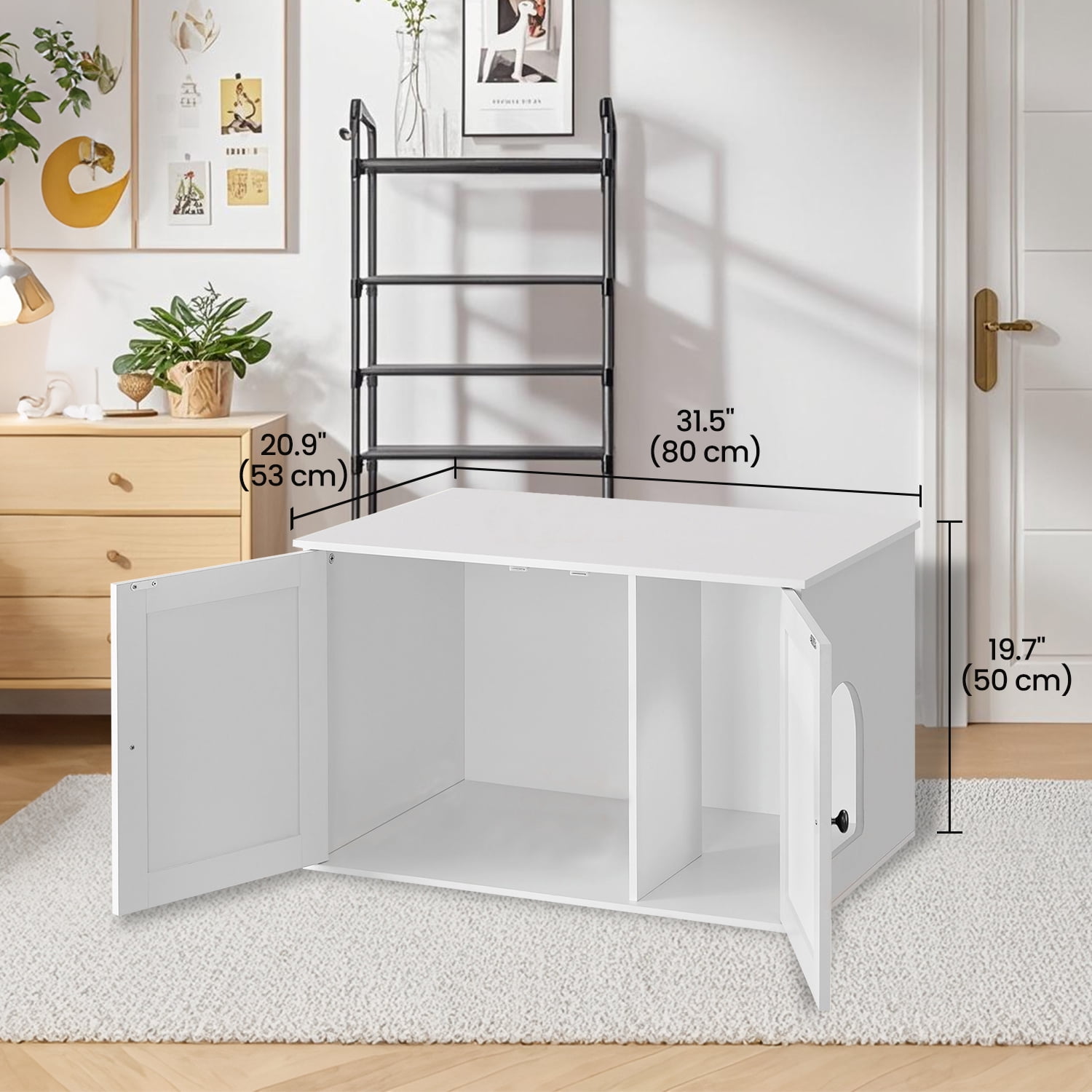 LEDREM Cat Litter Box Furniture Enclosure, Multi-Functional Hidden Washroom with Removable Divider for Indoor Cats,L, White