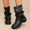 thumbnail image 2 of hopeusnice Women Mid Calf Slouch Boots With Double Buckle Straps Low Heel Leather Upper For Edgy And Casual Style Black 36, 2 of 8