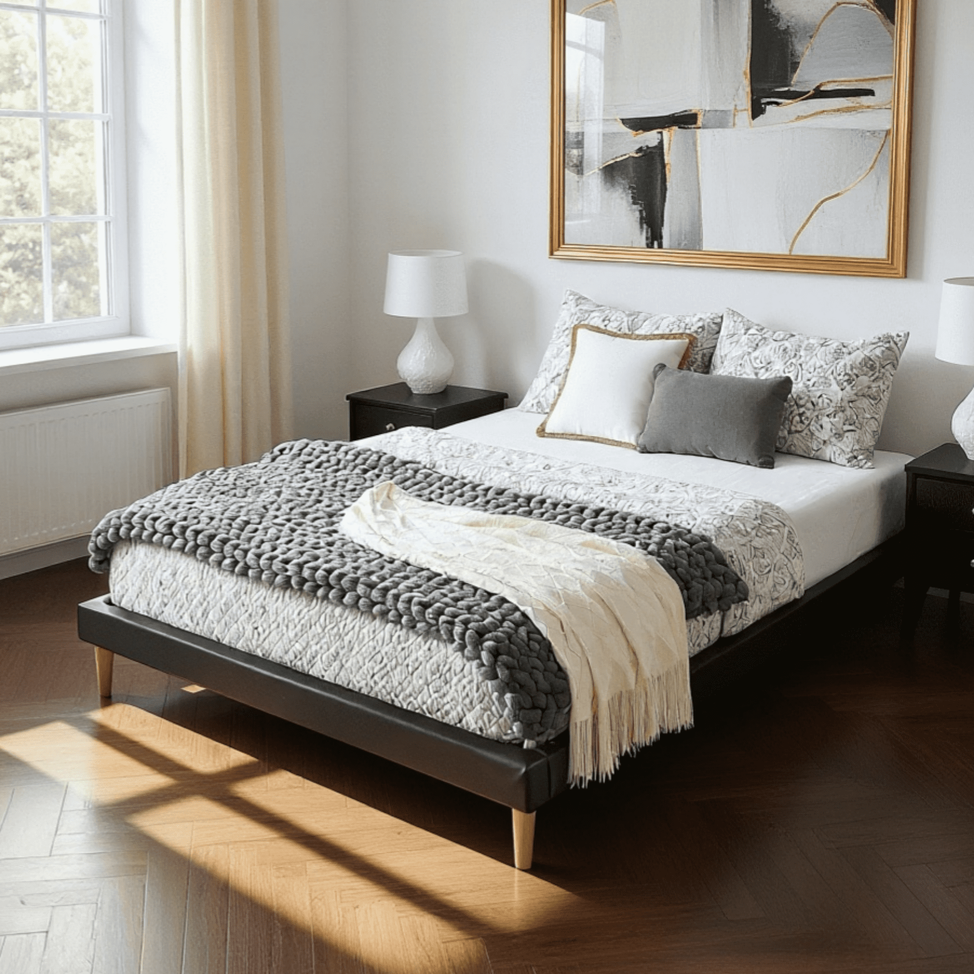BSHTI King Size Platform Bed Frame with Faux Leather Finish, 12 Wood Slats & Center Support Leg, Waterproof & Easy to Clean, Under-Bed Storage, Easy Assembly，Black