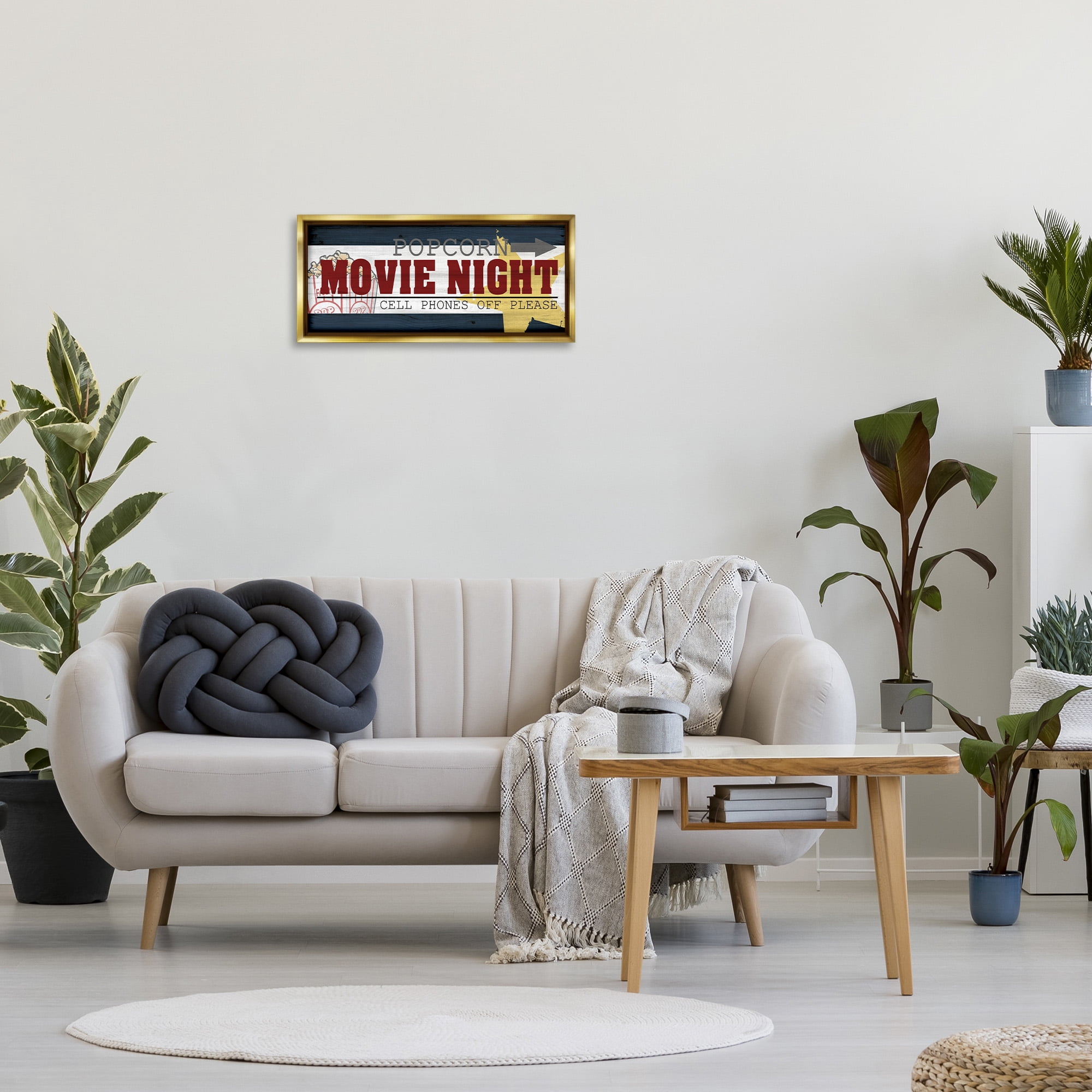 Stupell Industries Movie Night Vintage Sign Typography Painting Gold Floater Framed Canvas Art Print Wall Art, 25 x 11