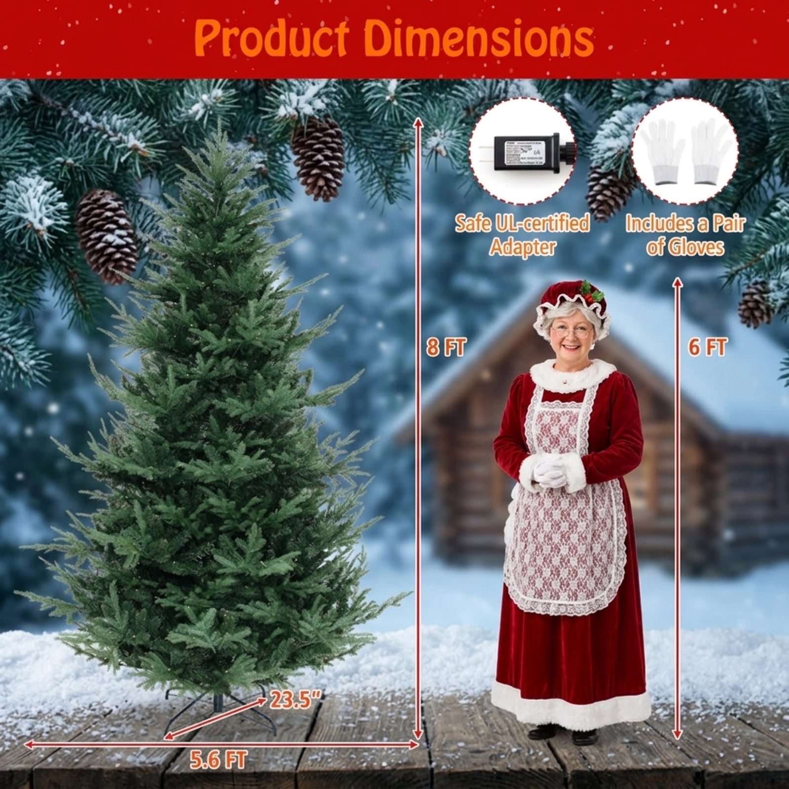 RUIE 8 ft Pre-Lit Christmas Tree, Tall Green Artificial Hinged Xmas Tree with 450 LED Lights, 1480 Branch Tips, Foldable Stand