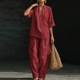 thumbnail image 4 of Miluxas Women's Summer Lightweight 2 Piece Outfits Loose Fit V Neck Short Sleeve Blouse and High Waist Wide Leg Pants Casual Set Wine, 4 of 7