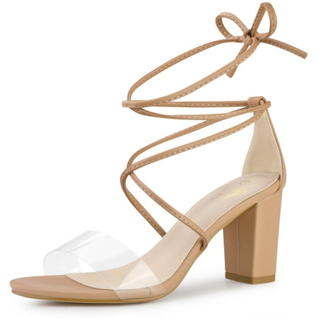 

Unique Bargains Women s Lace-Up Clear Strap Block Heels Sandals