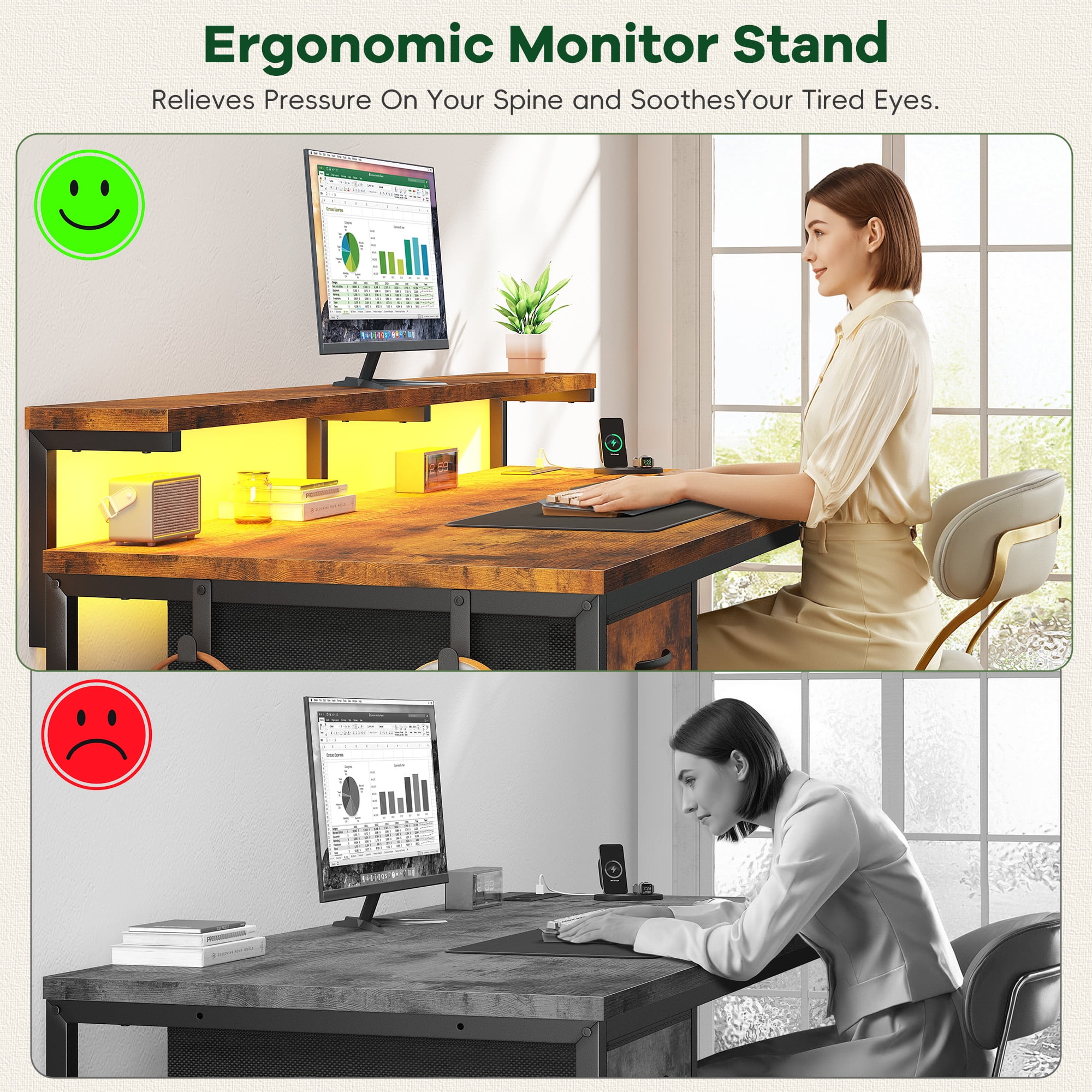 Romorgniz Computer Desk with Power Outlet & Fabric Drawer, Adjustable Gaming Office Desk with LED Lights & CPU Stand for Small Spaces, Rustic Brown