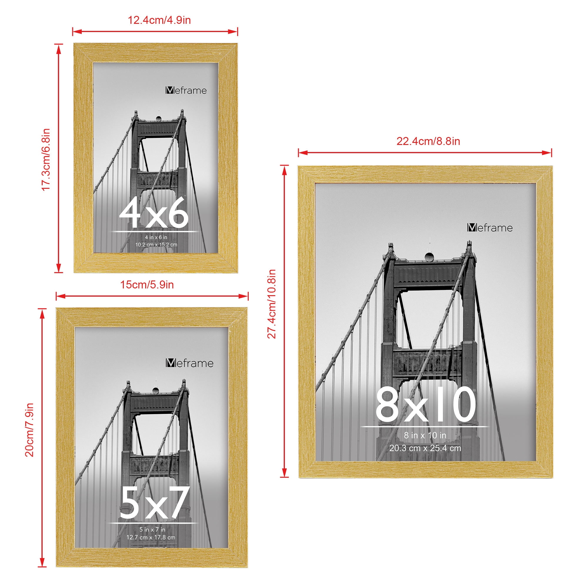 Meframe 10 PACK Wooden Collage Picture Frame Set, Wall or Tabletop Display Photo Frames, Multiple Sizes Including 8x10, 5x7, 4x6, Gold