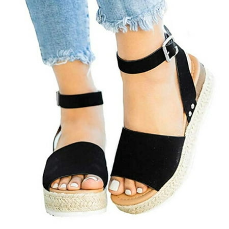 

Women Shoes Casual Women s Rubber Sole Studded Wedge Buckle Ankle Strap Open Toe Sandals Black 8