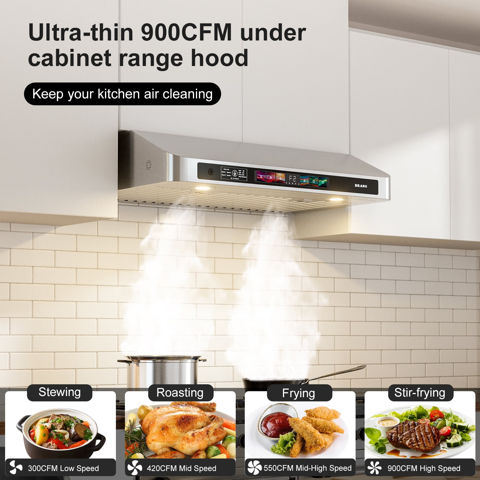 BRANO 30 in. Under Cabinet Range Hood with Voice, Gesture & Touch Control, 900 CFM, 4-Speed Stainless Steel Vent Hood, LED Lights