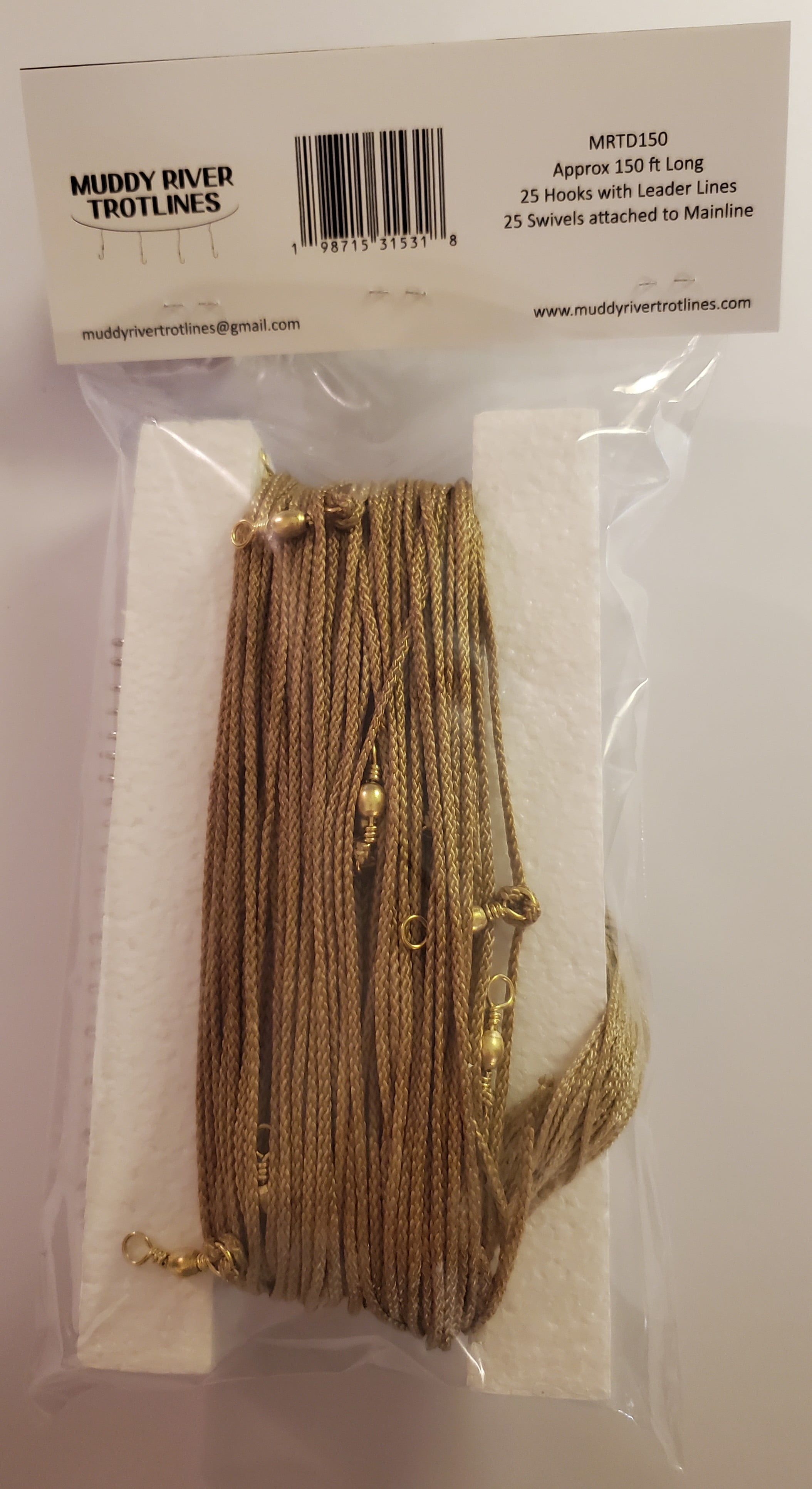 Muddy River Trotline. Complete trotline kit Including Mainline prerigged with swivels, Leader Lines and Hooks., 150 feet