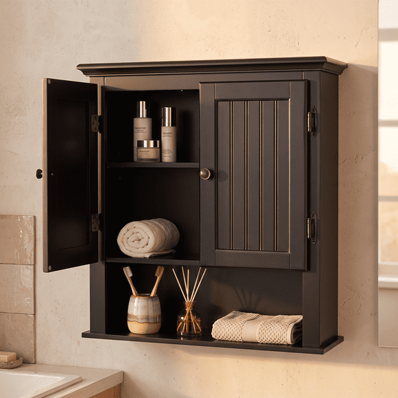PAWON Wall Mounted Bathroom Cabinet with Doors and Open Shelf, Wooden Over The Toilet Medicine Cabinet, Espresso