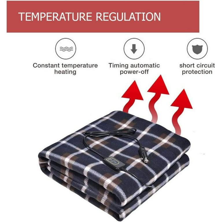 Amazingforless Heated Car Plaid Blanket 12V Fleece Blankets With Controller For Timer Heat Levels Travel Blanket Blue Plaid