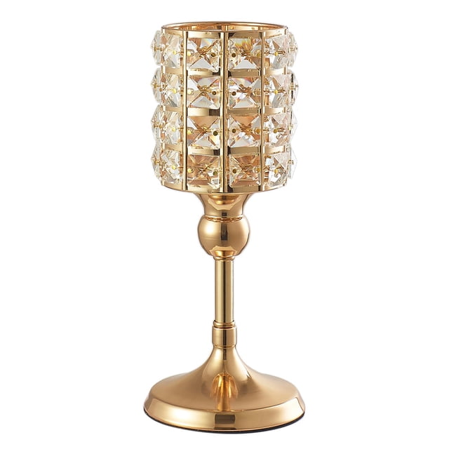 Portavelas dorado de cristal y metal para bodas, decoración de mesas y eventos, para velas de 6 cm Alto 26cm