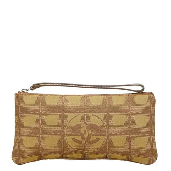 Pre-Owned Chanel New Travel Line Coco Mark Pouch, Khaki Brown Canvas and Leather,... (Good)
