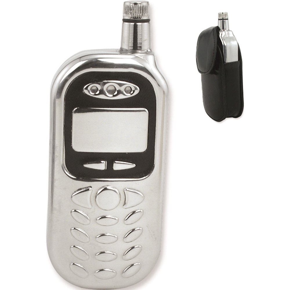 Stainless Steel 4Oz Cell Phone Flask W/Black Faux Leather Case Designer