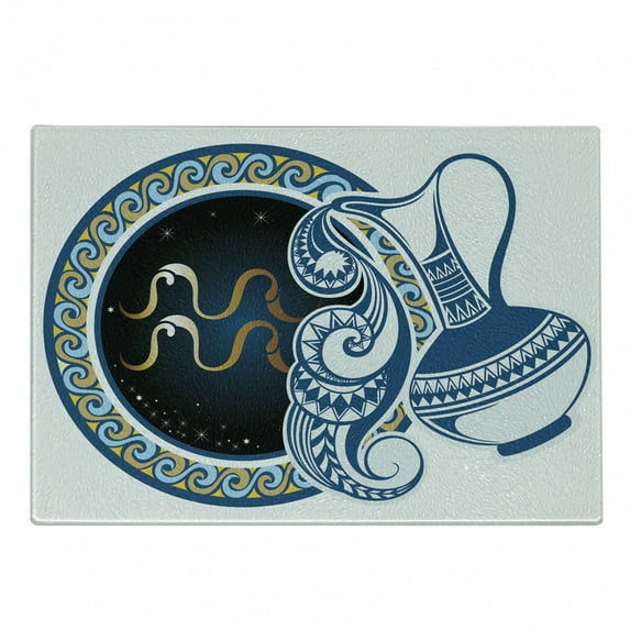 Zodiac Cutting Board, Image of Aquarius Sign with Jug and Circular Globe World Form on the Background, Decorative Tempered Glass Cutting and Serving Board, Small Size, Multicolor, by Ambesonne
