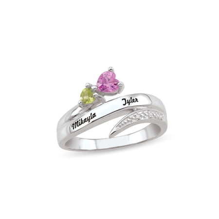 Personalized Engravable Bypass Couple's Heart Birthstone Ring in Sterling Silver with Diamond Accents by Jewlster