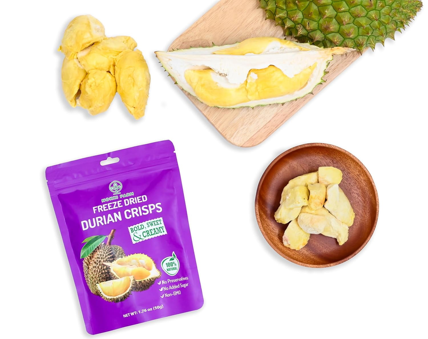 NOKKI FARM Freeze Durian Fruit, Healthy & Exotic Tropical Superfood Snacks, Kid-Approved, No Added Sugar or Preservatives, Shelf-Stable, 0.53 Oz, 6 Pack
