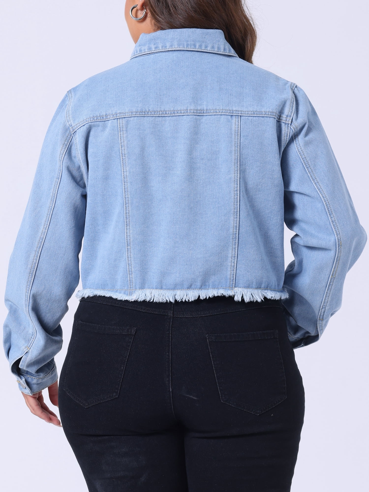DARING DIVA Women's Plus Washed Cropped Frayed Denim Outerwear Jacket 1X Blue