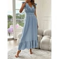 thumbnail image 2 of Women'S Summer Maxi Dress Elegant V Neck Ruffle Flowing Sleeves Waist Pleated Flowing Wedding Guest Dress  Blue L, 2 of 5