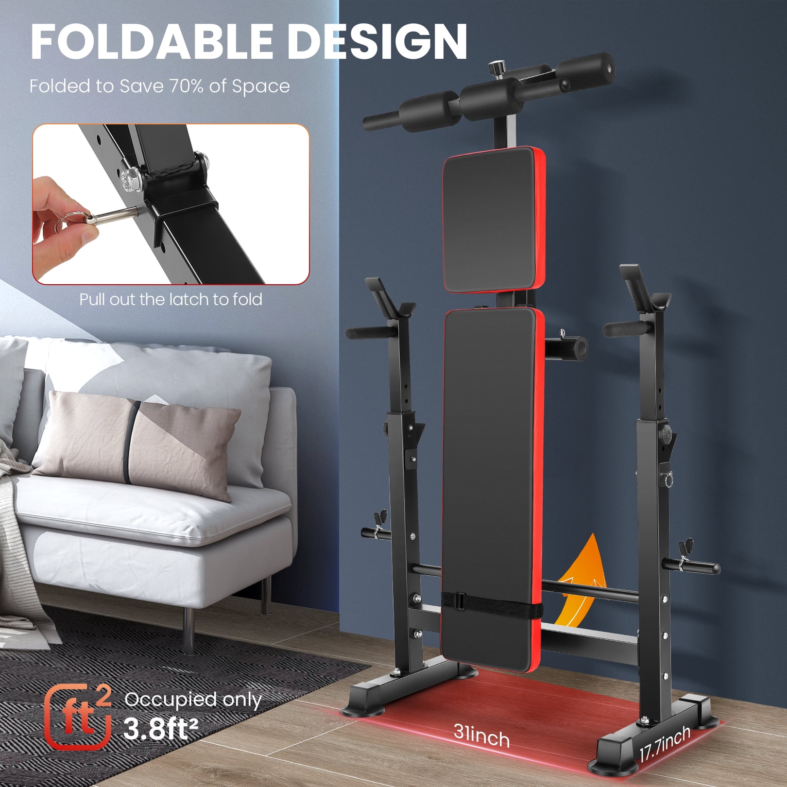 VIBESPARK Foldable Workout Bench, Adjustable Weight Bench Set with Barbell Rack Removable Foot Catch for Incline Flat Decline Sit up Bench Press Set for Full Body Exercise
